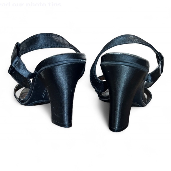 AMERICAN EAGLE Black Satin Heeled Sandals With Ankle Strap 6 1/2 Good Condition - Picture 5 of 8